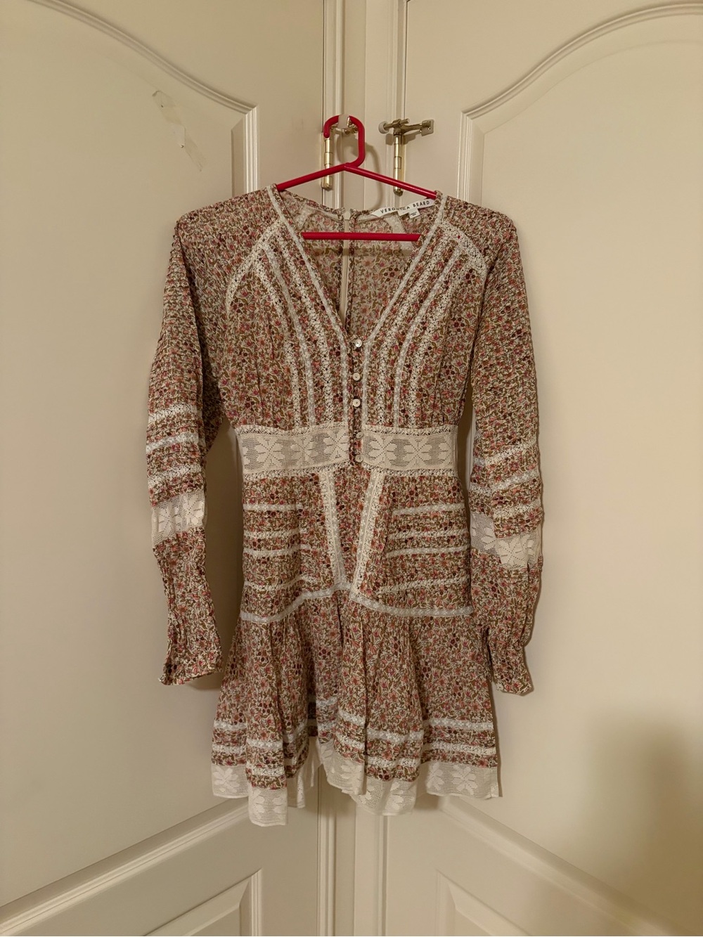 Veronica Beard Floral Lace-Trim Mini Dress in Brown and Pink